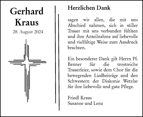 Traueranzeige von Gerhard Kraus von Wetzlarer Neue Zeitung