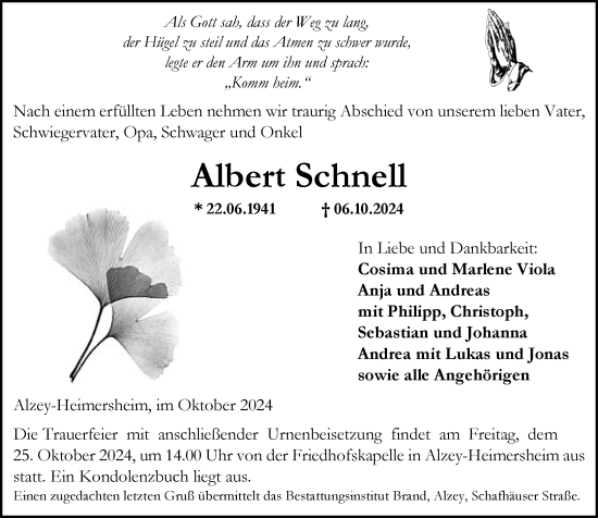 Traueranzeige von Albert Schnell von Allgemeine Zeitung Alzey