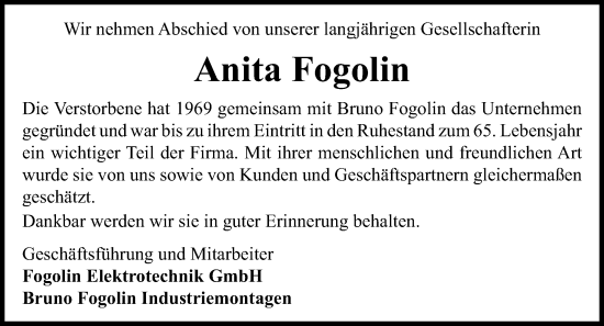Traueranzeige von Anita Fogolin von Nassauische Neue Presse