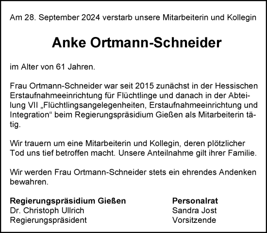 Traueranzeige von Anke Ortmann-Schneider von Dill Block