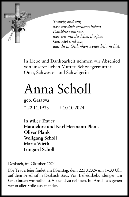 Traueranzeige von Anna Scholl von Hinterländer Anzeiger