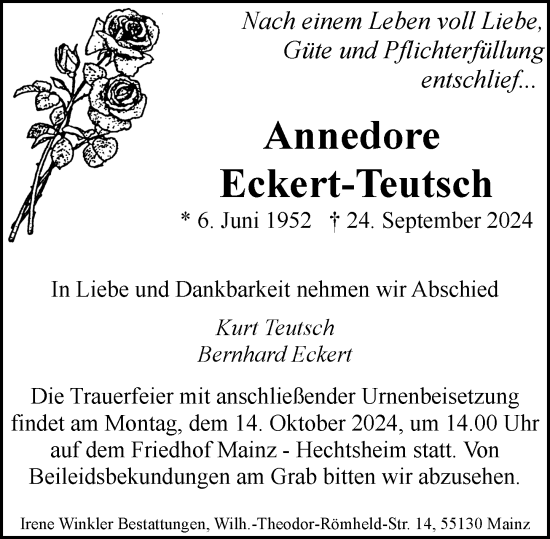 Traueranzeige von Annedore Eckert-Teutsch von Allgemeine Zeitung Mainz