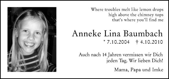 Traueranzeige von Anneke Lina Baumbach von Allgemeine Zeitung Mainz