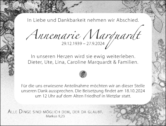 Traueranzeige von Annemarie Marquardt von Wetzlarer Neue Zeitung