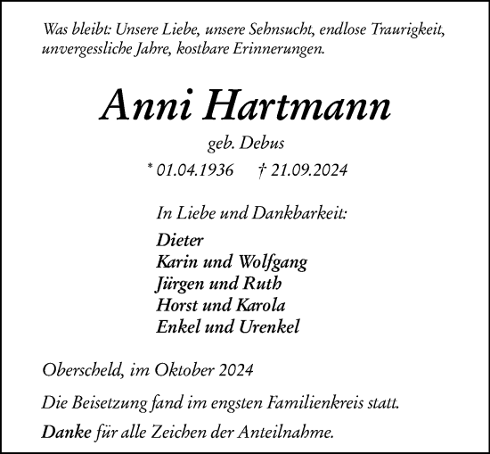 Traueranzeige von Anni Hartmann von Dill Block