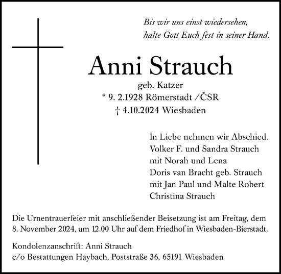 Traueranzeige von Anni Strauch von Wiesbadener Kurier