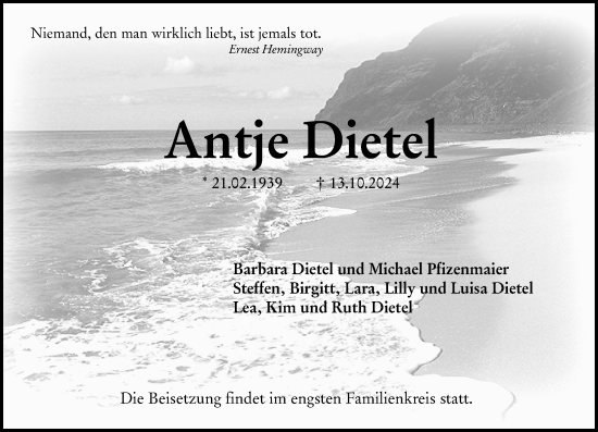 Traueranzeige von Antje Dietel von Wiesbadener Kurier