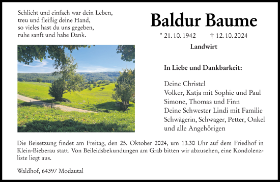Traueranzeige von Baldur Baume von Bergsträßer Anzeiger
