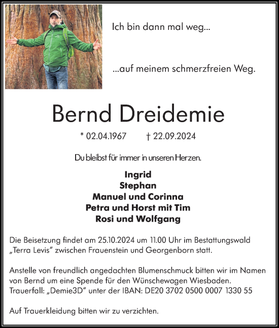 Traueranzeige von Bernd Dreidemie von Wiesbadener Kurier
