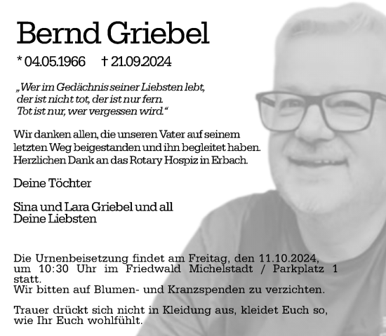 Traueranzeige von Bernd Griebel von Darmstädter Echo