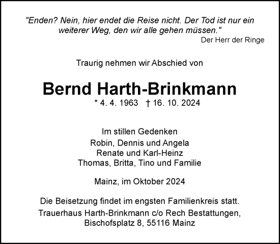 Traueranzeige von Bernd Harth-Brinkmann von Allgemeine Zeitung Mainz