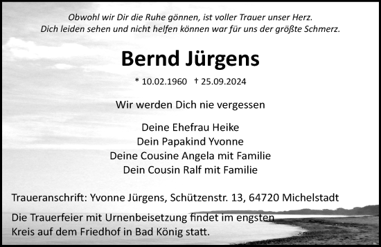 Traueranzeige von Bernd Jürgens von Odenwälder Echo