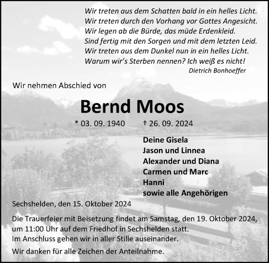 Traueranzeige von Bernd Moos von Dill Block