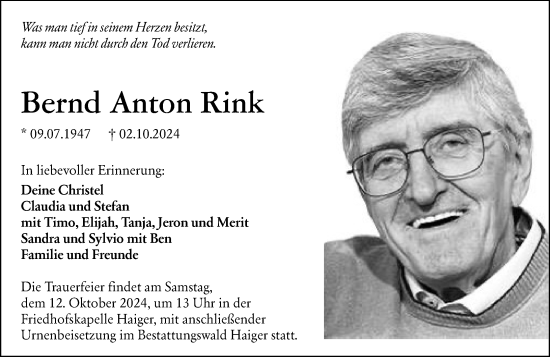 Traueranzeige von Bernd Anton Rink von Dill Block