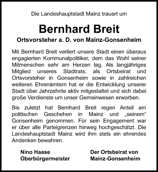 Traueranzeige von Bernhard Breit von Allgemeine Zeitung Mainz