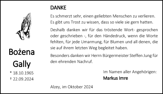 Traueranzeige von Bozena Gally von Allgemeine Zeitung Alzey