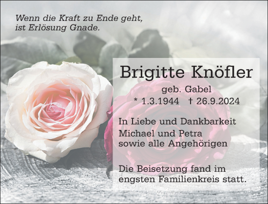Traueranzeige von Brigitte Knöfler von Weilburger Tageblatt