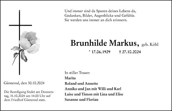 Traueranzeige von Brunhilde Markus von Hinterländer Anzeiger