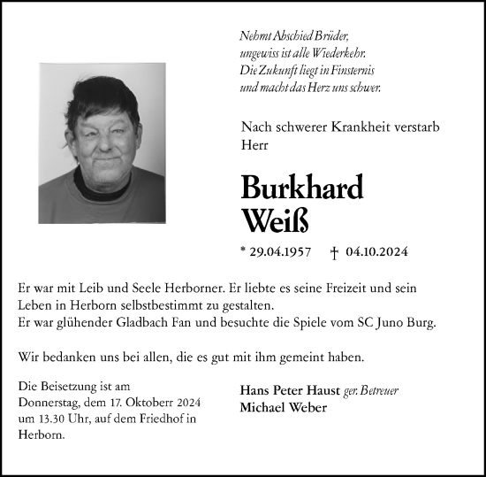 Traueranzeige von Burkhard Weiß von Dill Block