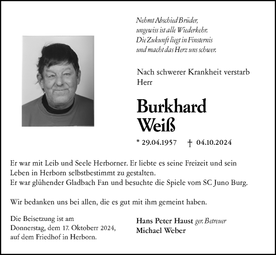 Traueranzeige von Burkhard Weiß von Dill Block