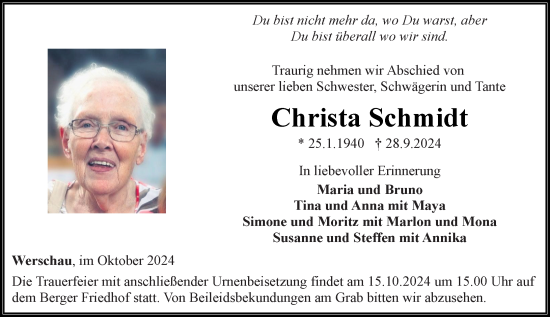 Traueranzeige von Christa Schmidt von Camberger Anzeiger