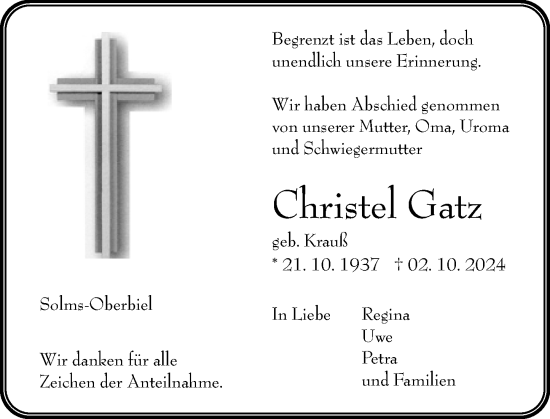 Traueranzeige von Christel Gatz von Wetzlarer Neue Zeitung