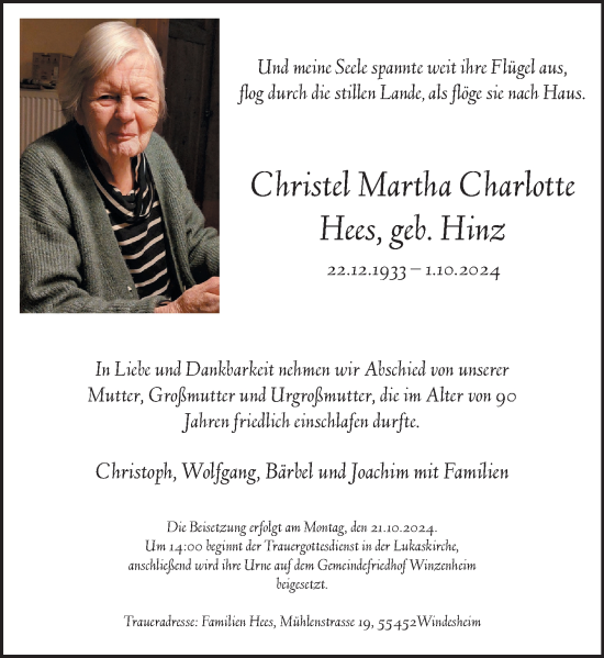 Traueranzeige von Christel Martha Charlotte Hees von Allgemeine Zeitung Rheinhessen-Nahe