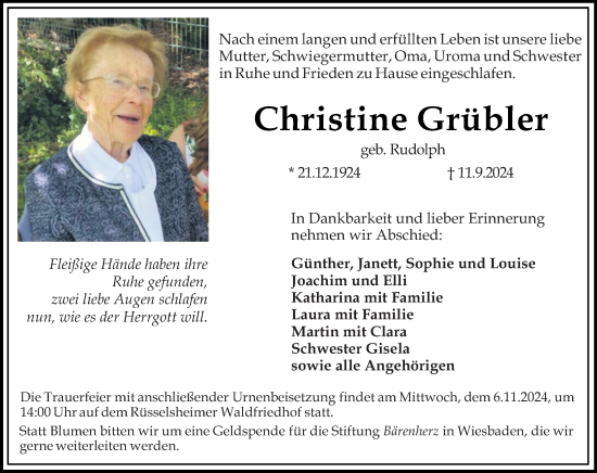 Traueranzeige von Christine Grübler von Rüsselsheimer Echo