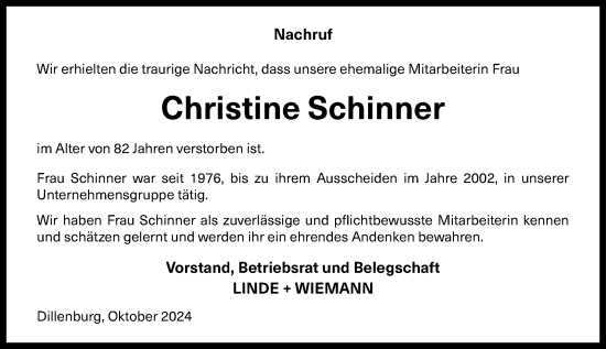 Traueranzeige von Christine Schinner von Dill Block