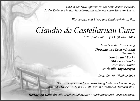 Traueranzeige von Claudio de Castellarnau Cunz von Dill Block