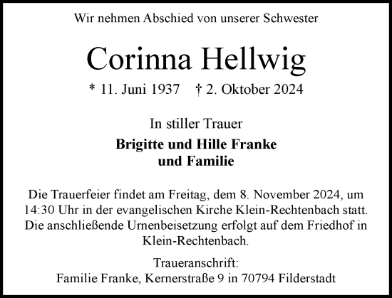 Traueranzeige von Corinna Hellwig von Wetzlarer Neue Zeitung