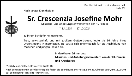 Traueranzeige von Crescenzia Josefine Mohr von Allgemeine Zeitung Mainz