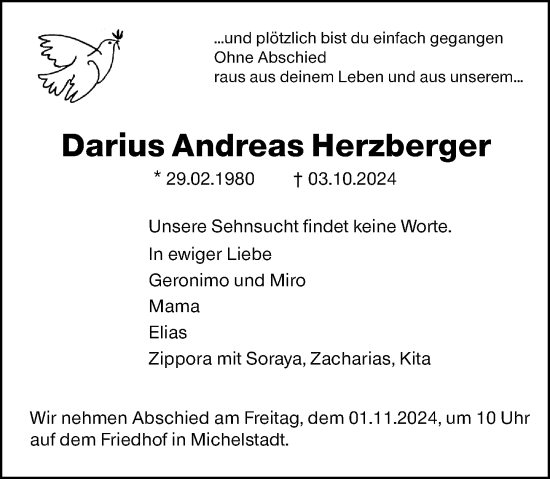 Traueranzeige von Darius Andreas Herzberger von Odenwälder Echo