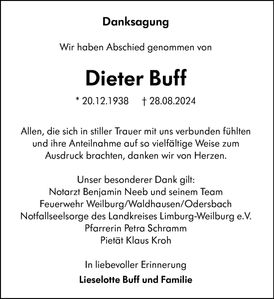 Traueranzeige von Dieter Buff von Weilburger Tageblatt