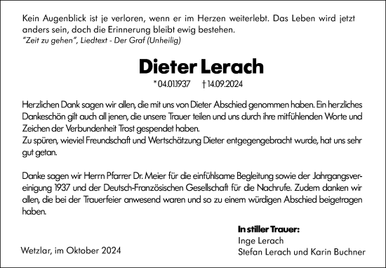 Traueranzeige von Dieter Lerach von Wetzlarer Neue Zeitung
