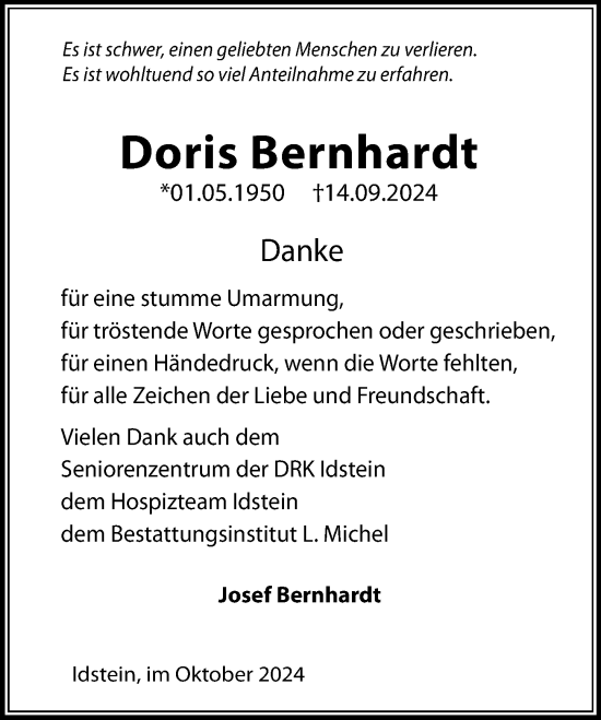 Traueranzeige von Doris Bernhardt von Idsteiner Land/Untertaunus