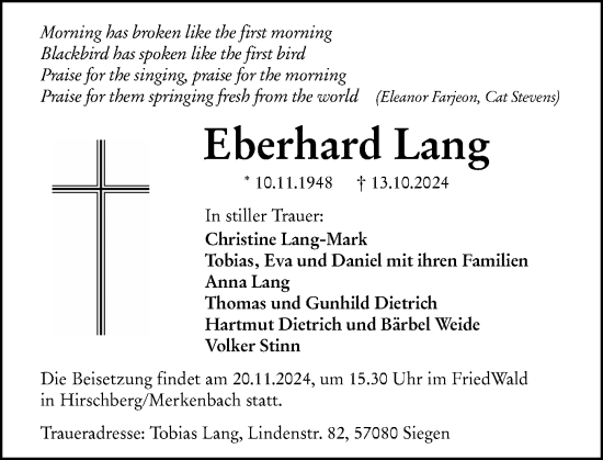 Traueranzeige von Eberhard Lang von Dill Block
