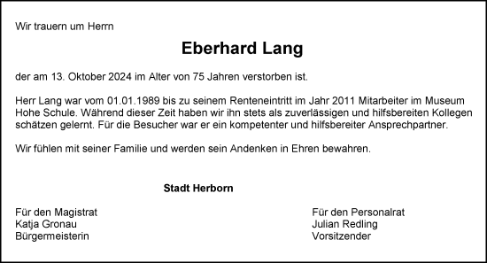 Traueranzeige von Eberhard Lang von Dill Block