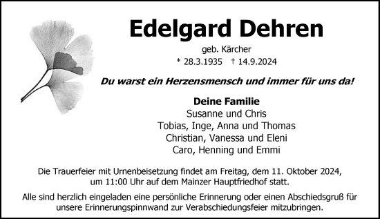 Traueranzeige von Edelgard Dehren von Allgemeine Zeitung Mainz