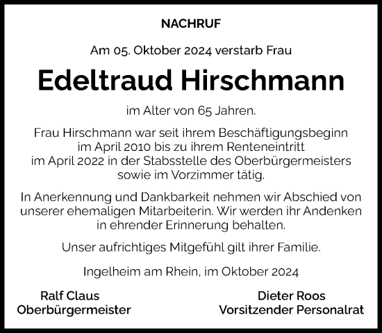 Traueranzeige von Edeltraud Hirschmann von Allgemeine Zeitung Rheinhessen-Nahe