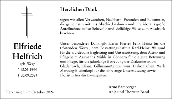 Traueranzeige von Elfriede Helfrich von Hinterländer Anzeiger