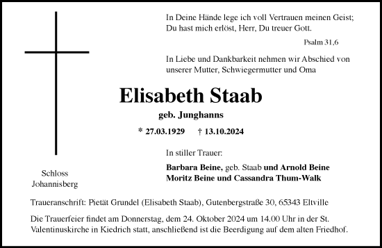 Traueranzeige von Elisabeth Staab von Rheingau Kurier
