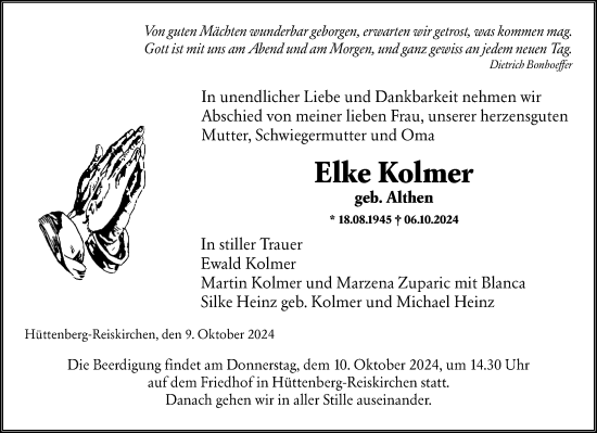 Traueranzeige von Elke Kolmer von Wetzlarer Neue Zeitung