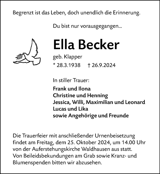 Traueranzeige von Ella Becker von Weilburger Tageblatt