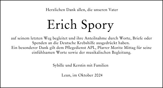 Traueranzeige von Erich Spory von Wetzlarer Neue Zeitung