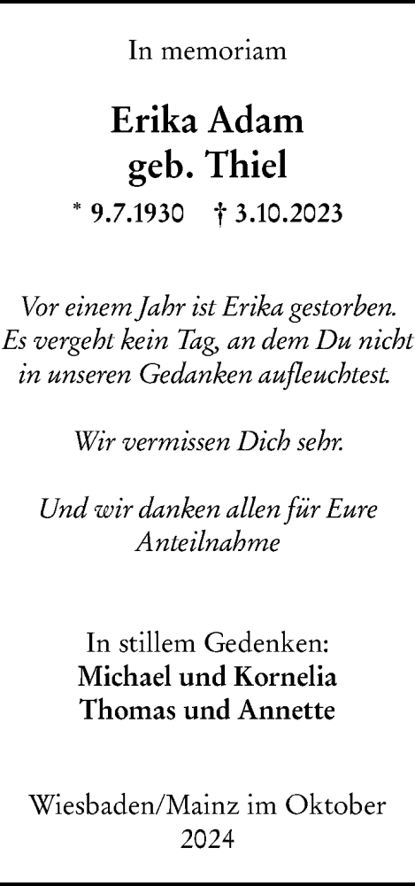 Traueranzeige von Erika Adam von Wiesbadener Kurier