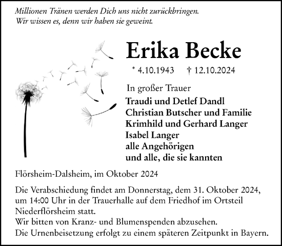 Traueranzeige von Erika Becken von Wormser Zeitung