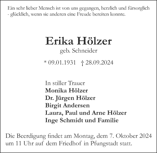 Traueranzeige von Erika Hölzer von Darmstädter Echo