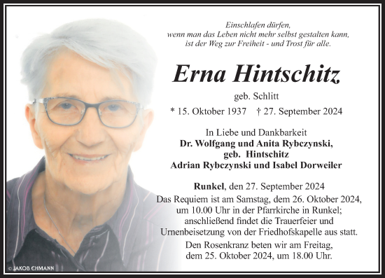 Traueranzeige von Erna Hintschitz von Nassauische Neue Presse