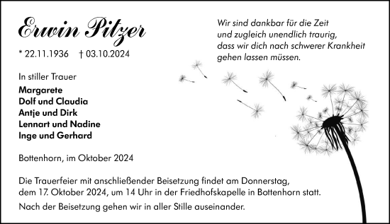 Traueranzeige von Erwin Pitzer von Hinterländer Anzeiger